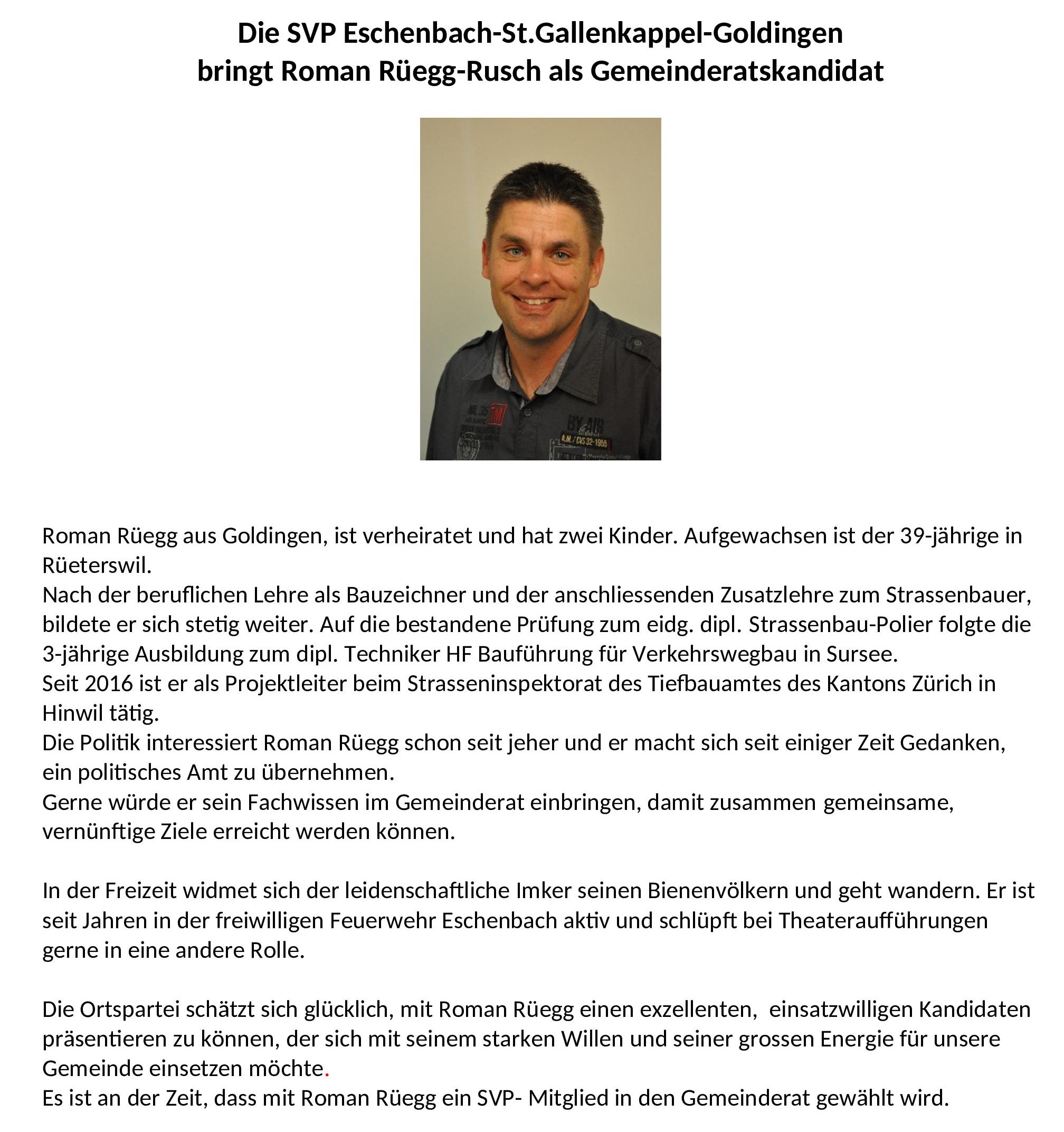 Gemeinderatswahl 2020 Roman Rüegg für HP